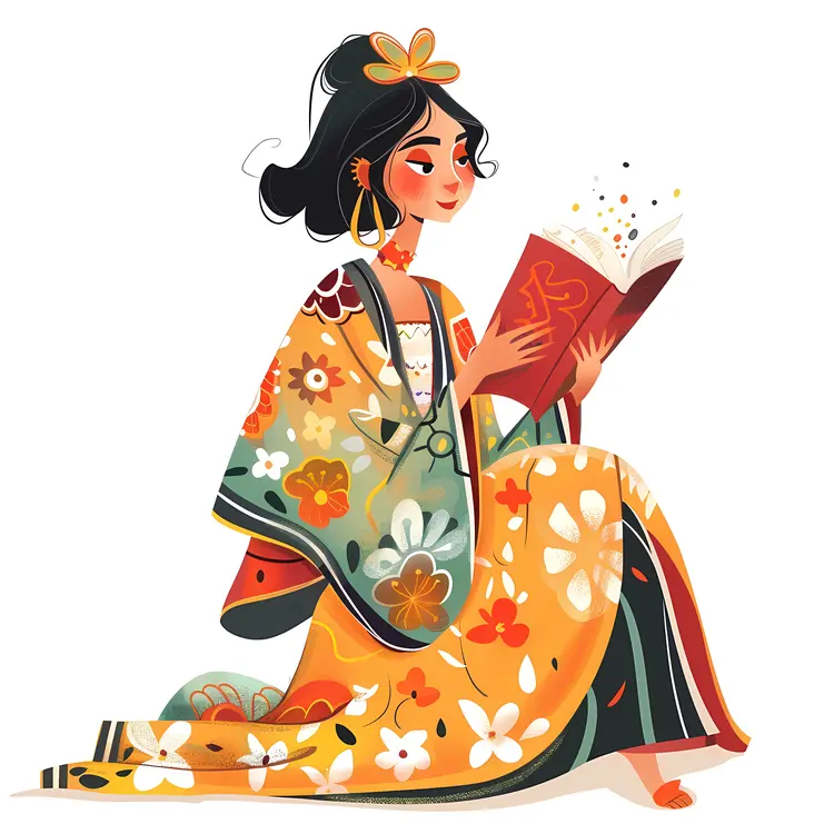 Girl Reading Book in Floral Kimono