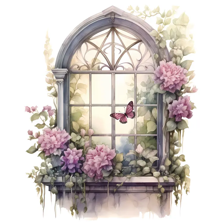 Beautiful Window with Blooming Flowers and Butterfly