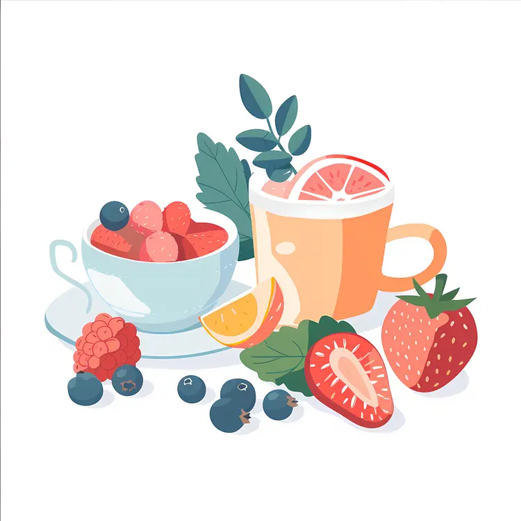 Assorted Breakfast Items with Fruits and Tea