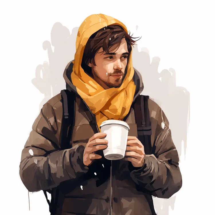 Man in Winter Clothing Holding Coffee Cup