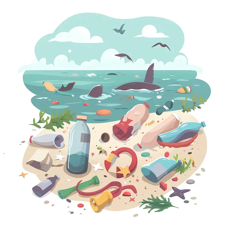Polluted Beach with Marine Life