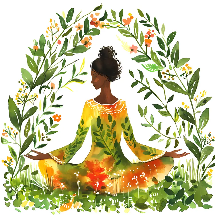 Woman Meditating with Floral Background