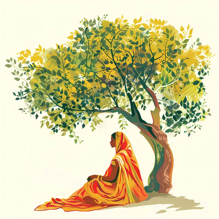 Woman in Yellow and Orange Sitting Under Tree