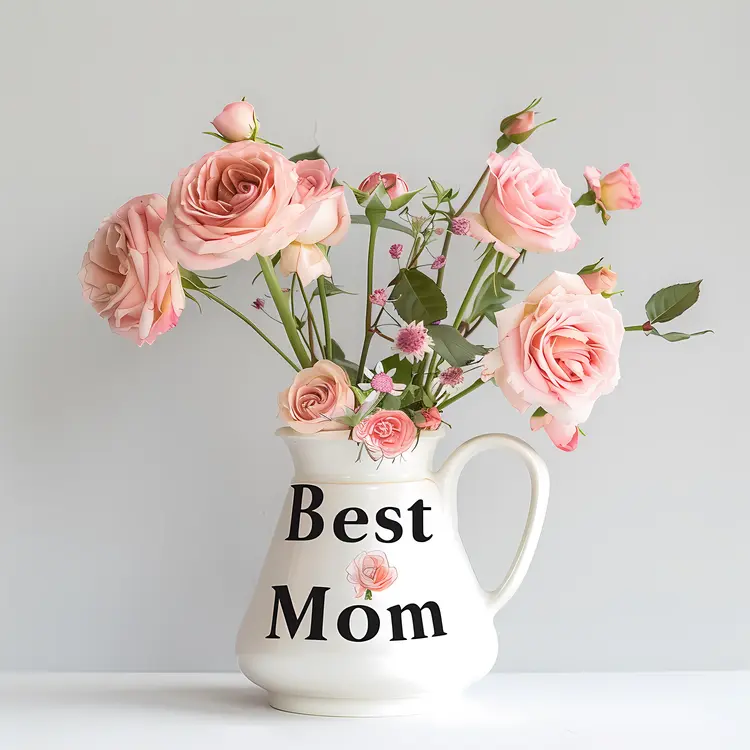 Best Mom Text on Vase with Flowers for Mother's Day
