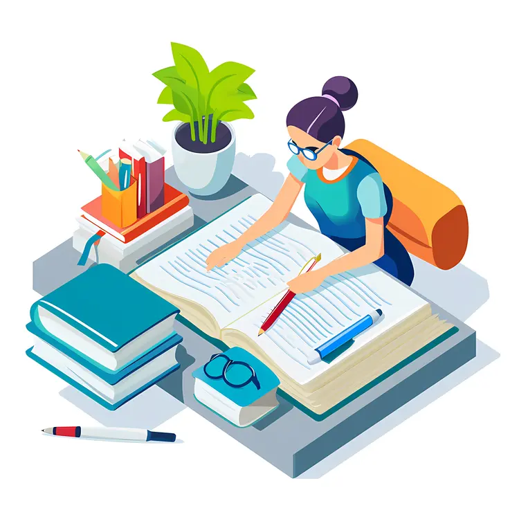 Student Studying at Desk with Books