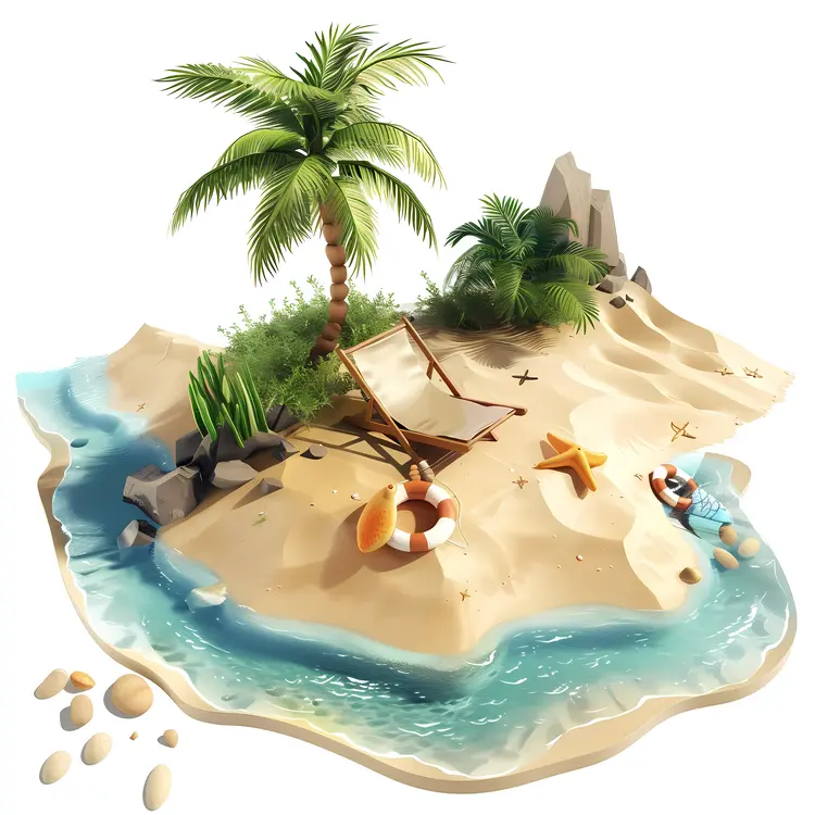 Tropical Beach Scene with Palm Tree and Hammock