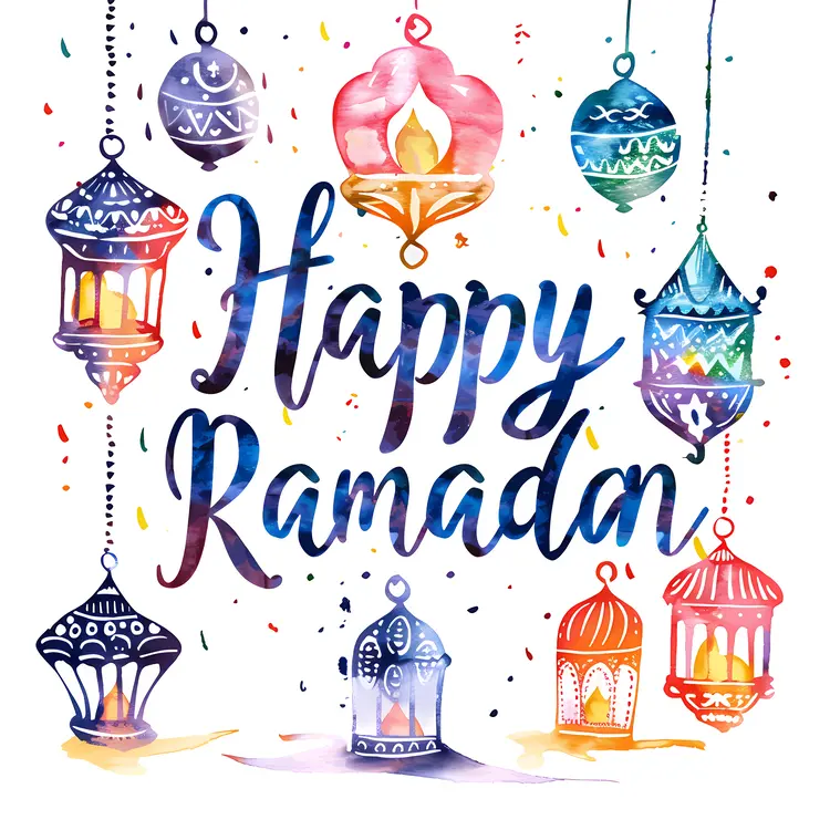 Colorful Lanterns with Happy Ramadan Text