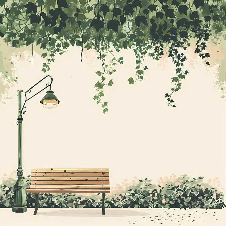 Park Bench with Lamp Post and Ivy