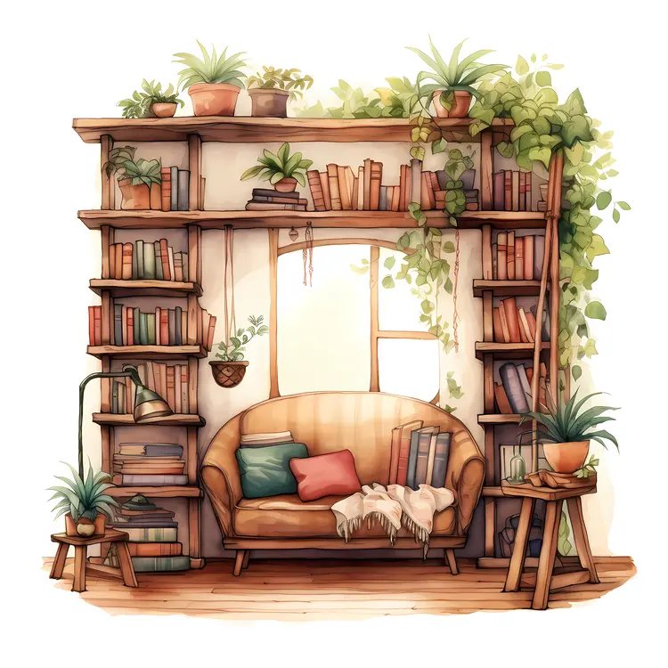 Rustic Reading Space with Books and Plants