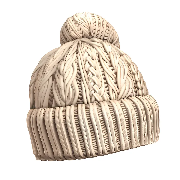 Beige Knitted Hat with Pom-Pom