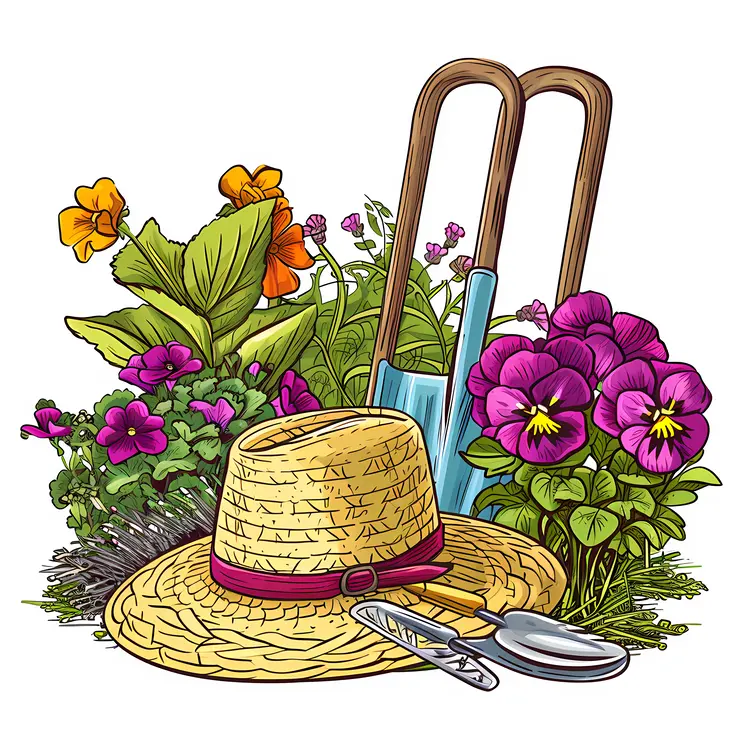 Gardening Tools and Hat with Colorful Blooms