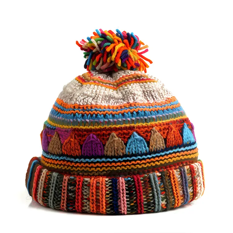 Multicolored Knitted Beanie with Pom-pom