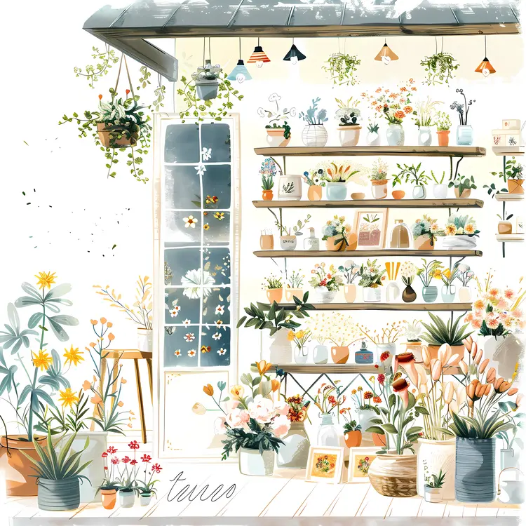 Bright Flower Shop with Hanging Plants