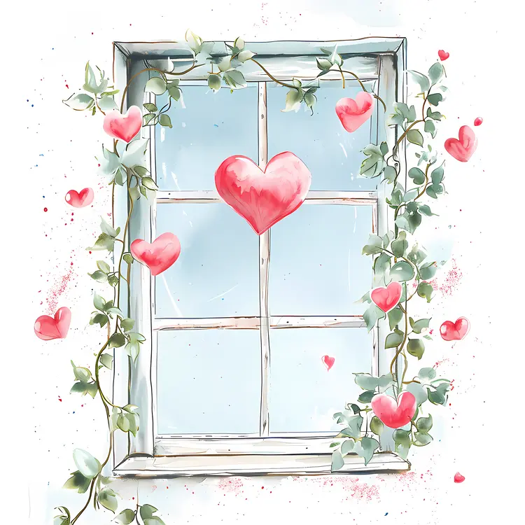 Hearts in Window with Ivy