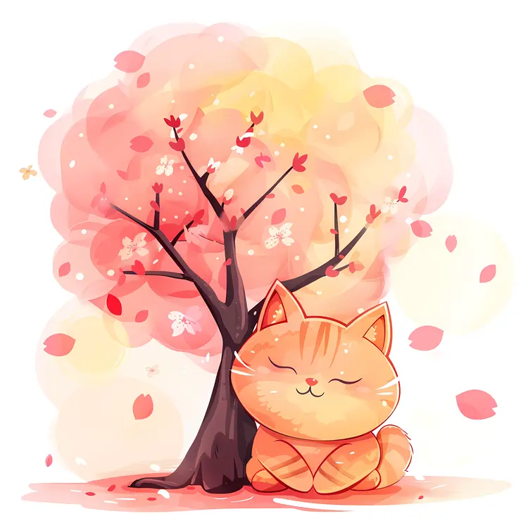 Adorable Cat Relaxing Under Cherry Blossom Tree