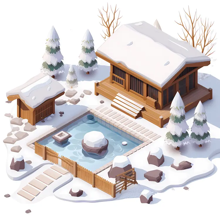 Snowy Hot Spring with Wooden Cabin