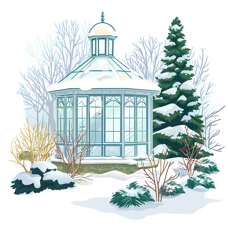 Snowy Greenhouse with Winter Trees