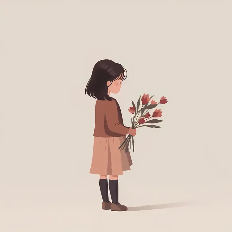 Minimalist Girl Holding Flowers in Side View Illustration