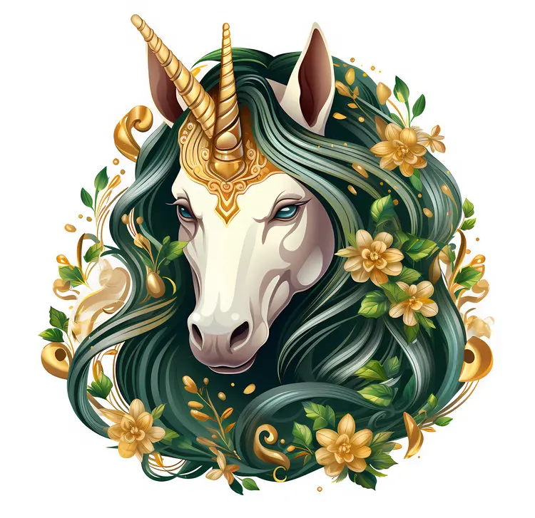 Beautiful Unicorn with Green Mane and Golden Flowers