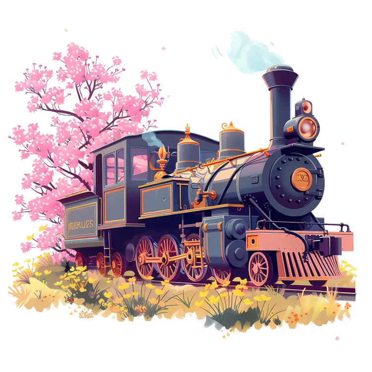 Vintage Train with Pink Flowers