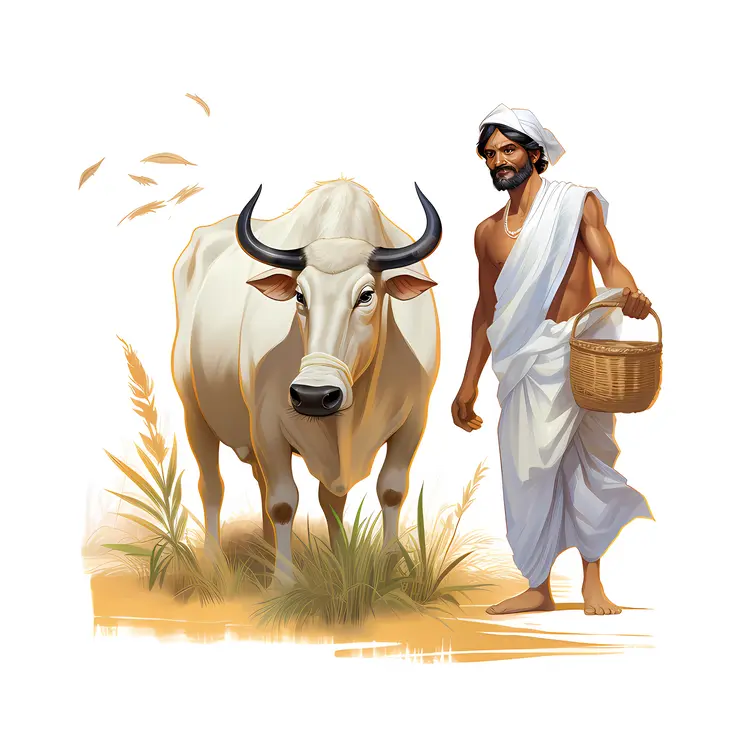 Farmer with Cow and Basket