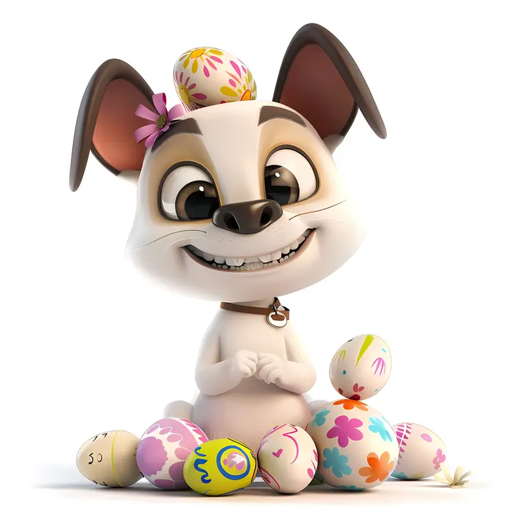 Cartoon Dog with Easter Eggs