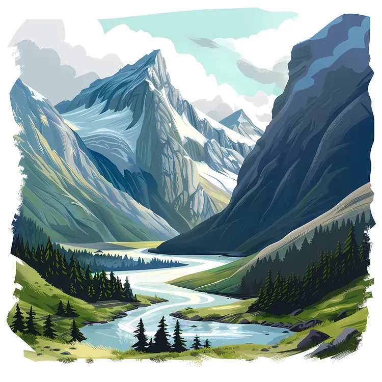 Mountain River with Snowy Peaks