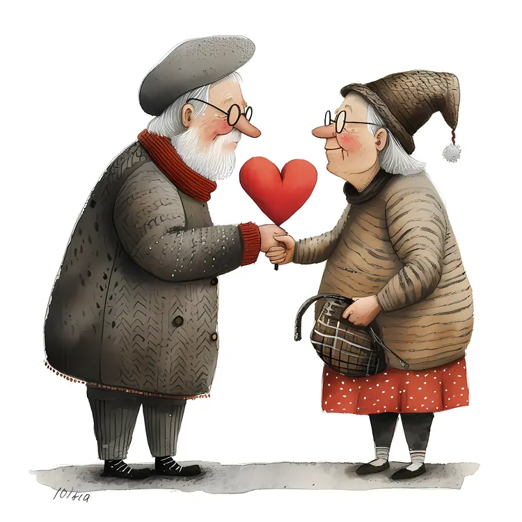 Elderly Couple Holding Heart Illustration