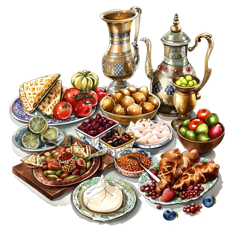 Middle Eastern Food Platter with Bread and Fruit