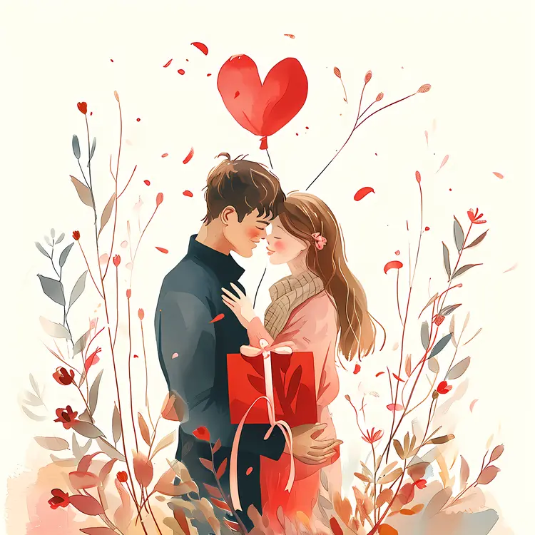 Romantic Couple with Gift and Heart Balloon