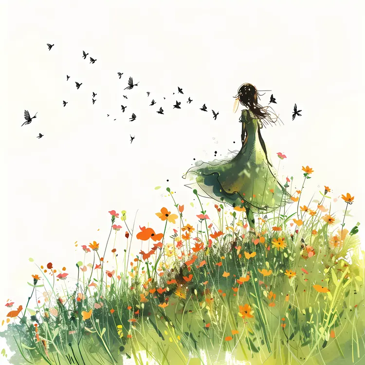 Girl in Field with Flowers and Birds