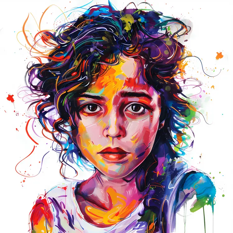 Girl with Colorful Paint and Serious Expression