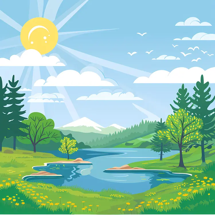 Sunny River Landscape with Trees and Hills