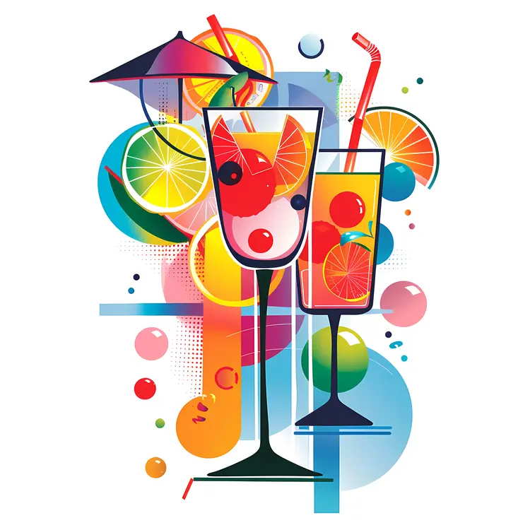 Two Abstract Artistic Cocktails with Lemon and Umbrella