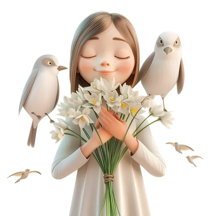Cute Girl Holding Flowers with Birds