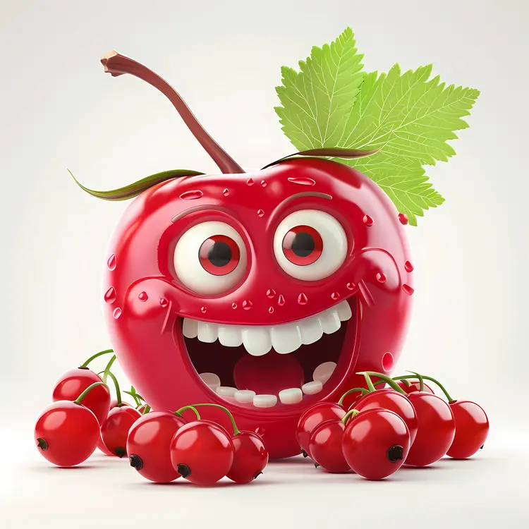 Happy Red Cherry Cartoon with Leaf