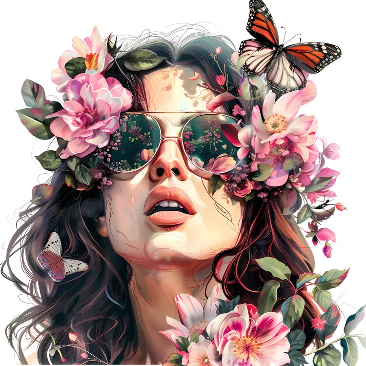 Woman with Sunglasses and Floral Headpiece