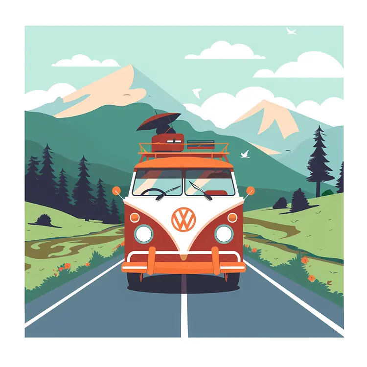 Red Van on a Scenic Road
