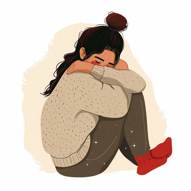 Sad Girl Sitting in Red Socks Illustration