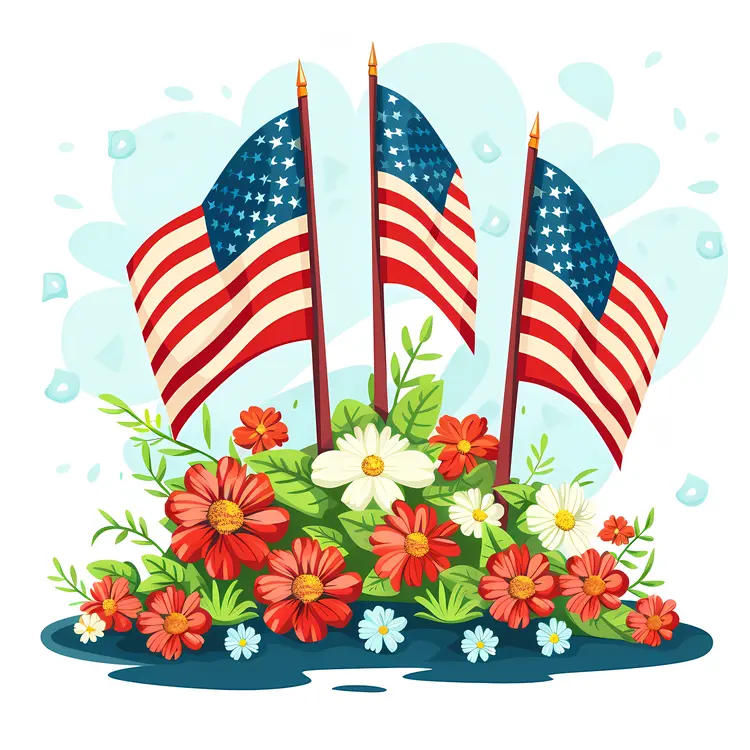 American Memorial with Flags and Flowers