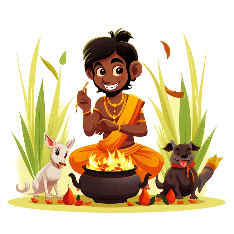 Boy with Dogs and Fire in Traditional Ceremony