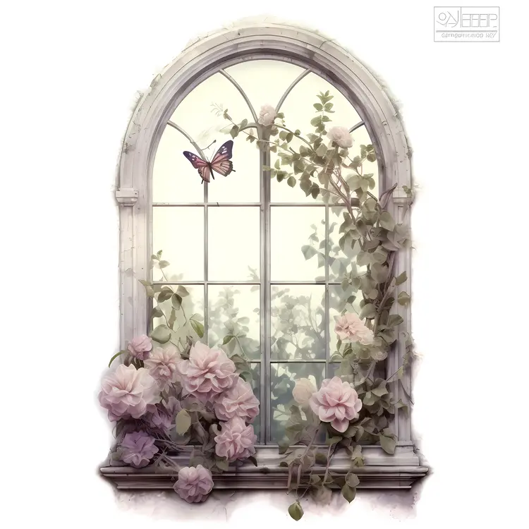 Vintage Window with Flowers and Butterfly