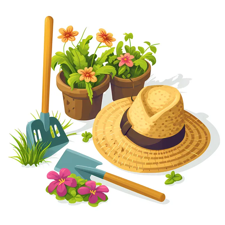 Gardening Tools and Hat with Potted Flowers
