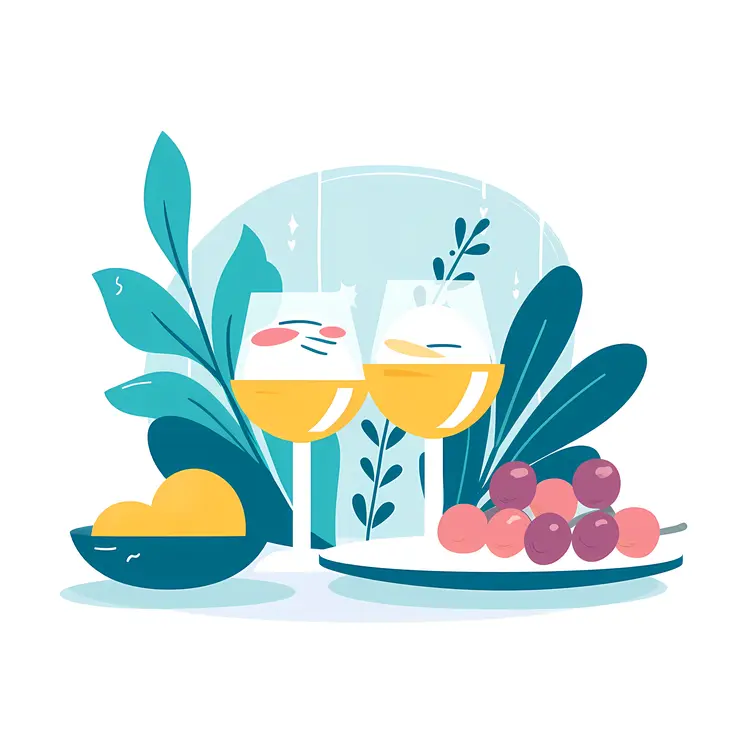 Wine and Grapes with Lemon and Leaves