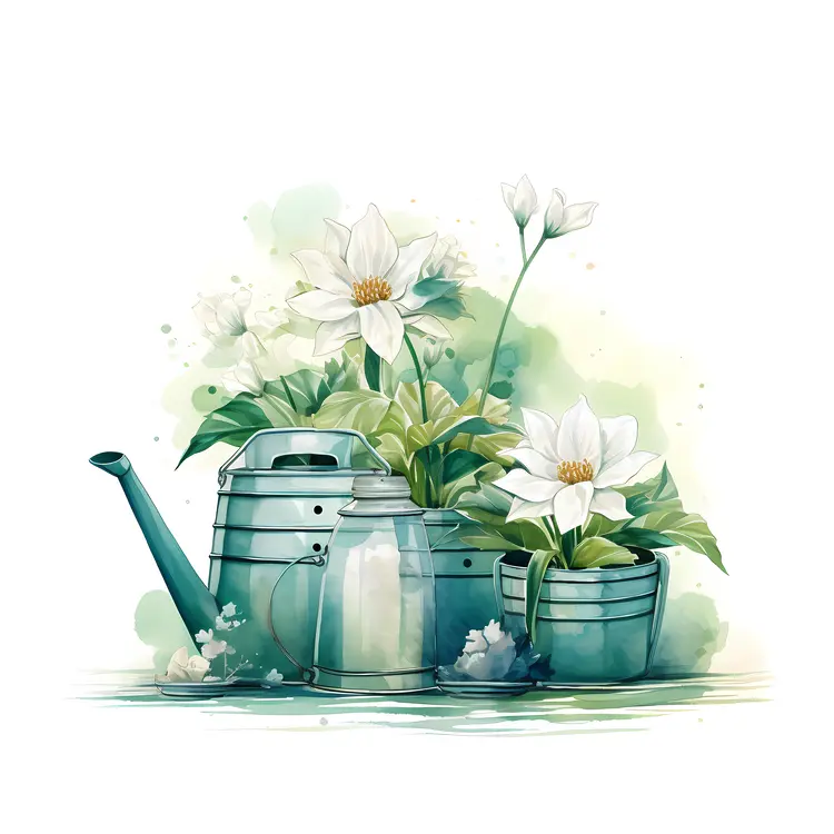 Watering Can with White Flowers