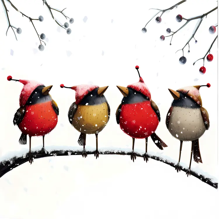 Cute Birds with Hats in Winter