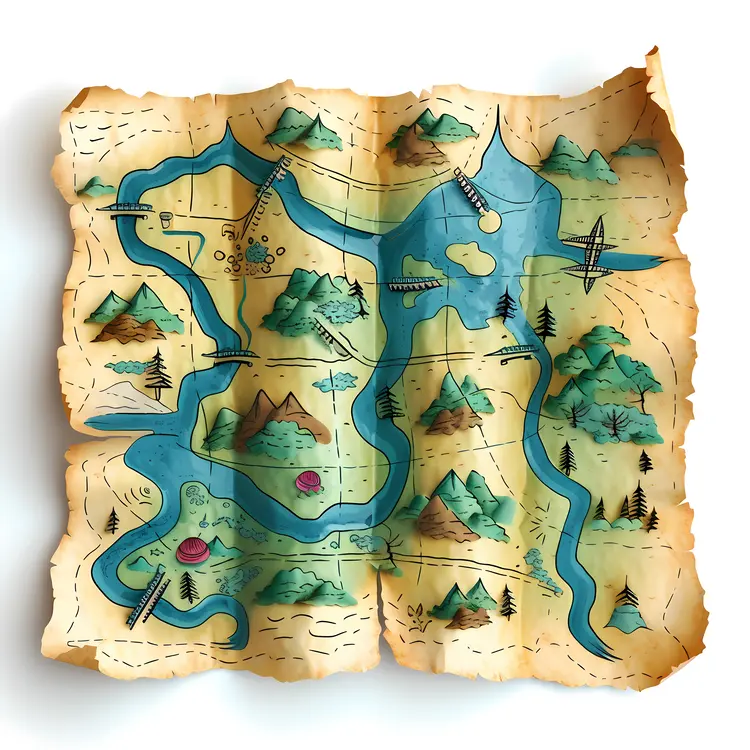 Illustrated Map with River and Mountains