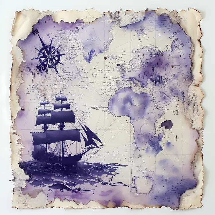 Vintage Nautical Map with Ship and Compass