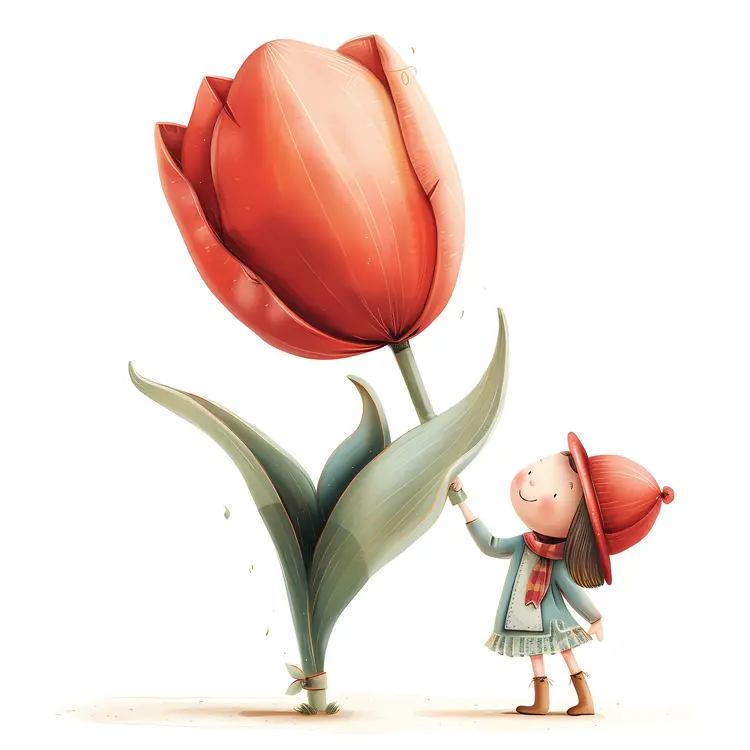 Girl Touching Giant Red Tulip