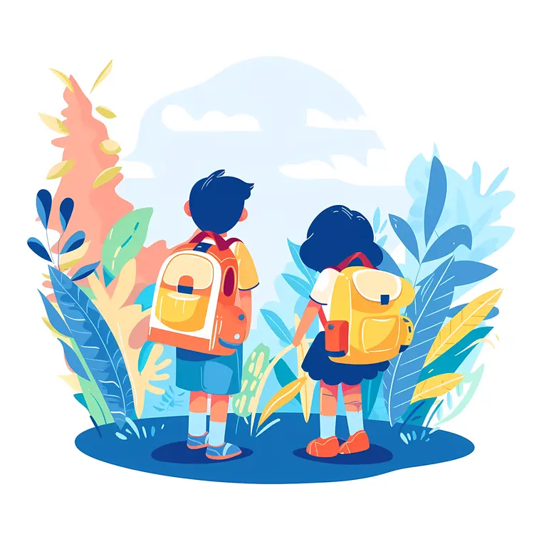 Children with Backpacks in Nature